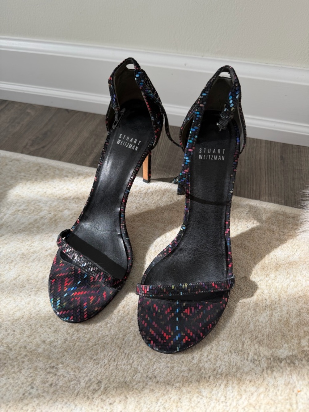 Stuart Weitzman Black Multicolor Bead-Pattern Ankle-Strap Heels